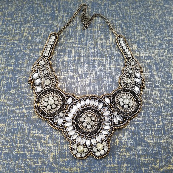 Fabric Bib Beaded Statement Necklace - Picture 2 of 6